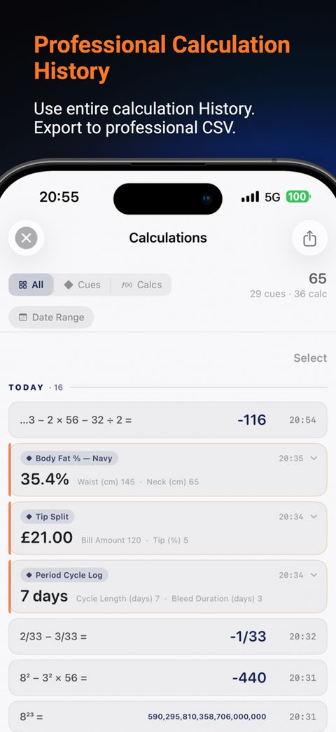 Calculation history, including a CSV export.